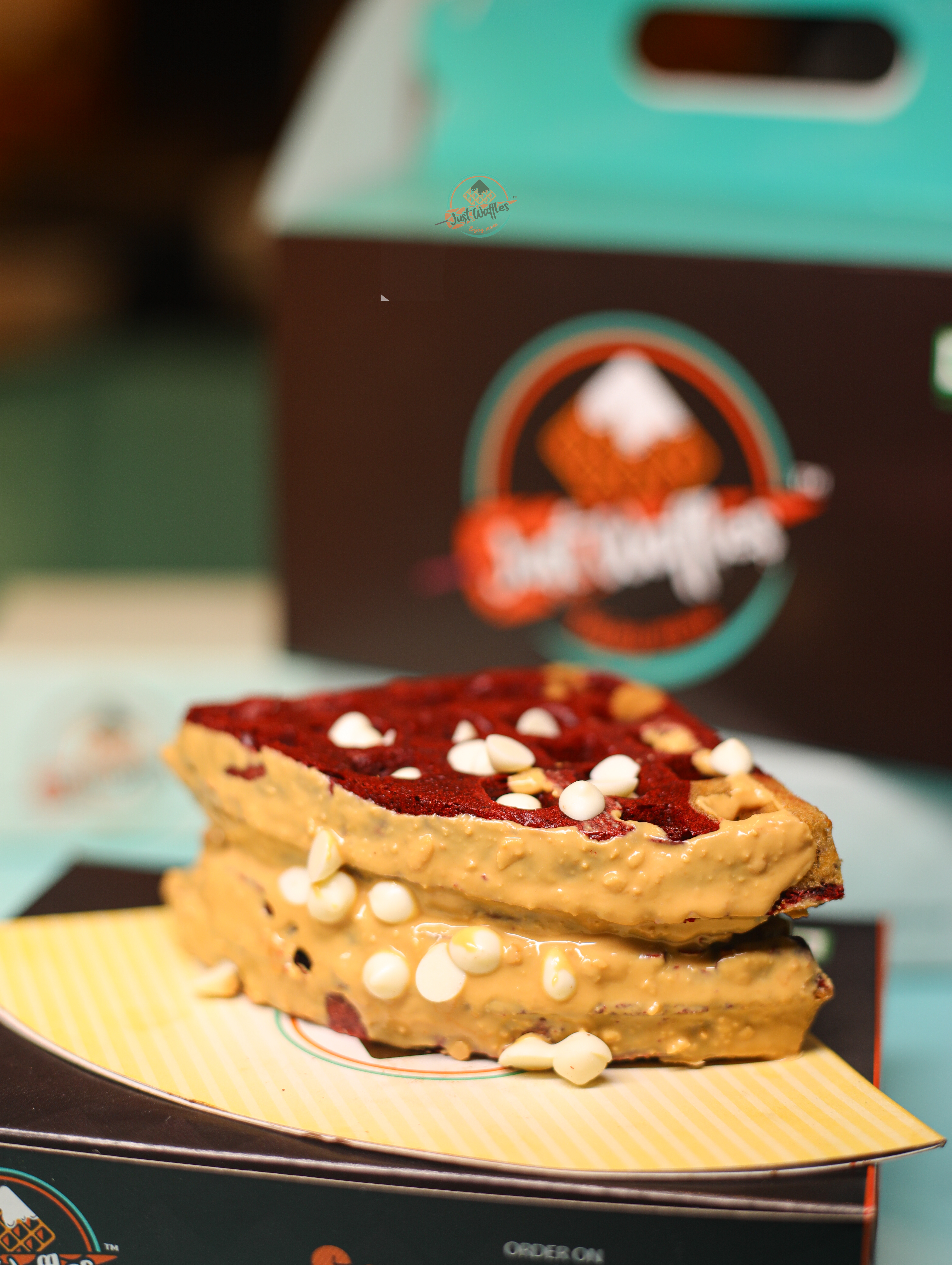 Premium Red Velvet Waffle Sandwich with White Chocolate Chips